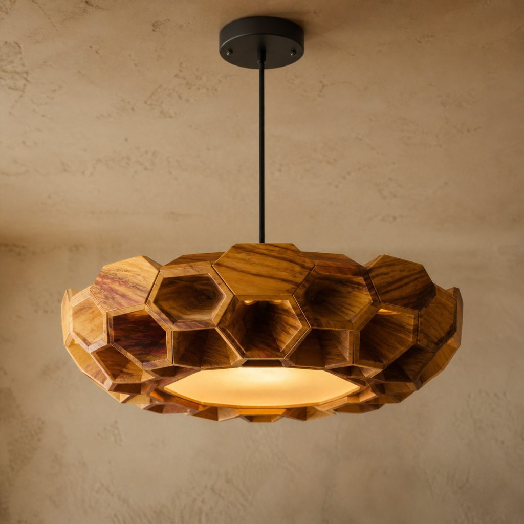 Canarywood Faceted-Honeycomb Pendant shown as an original square photorealistic canarywood lamp with natural golden yellow to orange-brown striped grain, distinctive construction, and warm diffused light