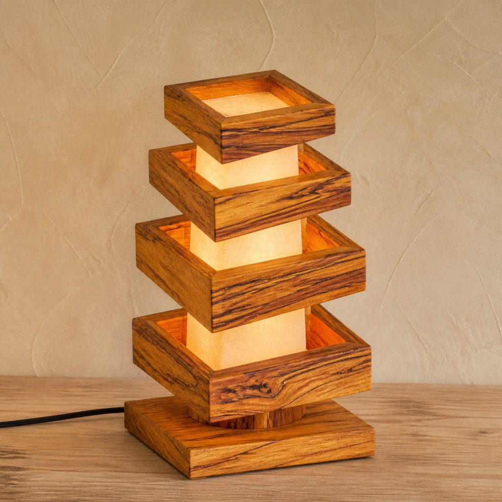 Canarywood Stacked Offset-Frame Lamp shown as an original square photorealistic canarywood lamp with natural golden yellow to orange-brown striped grain, distinctive construction, and warm diffused light