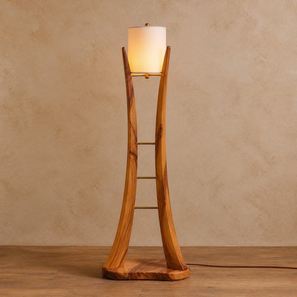 Canarywood Harp-and-Brass Lamp shown as an original square photorealistic canarywood lamp with natural golden yellow to orange-brown striped grain, distinctive construction, and warm diffused light