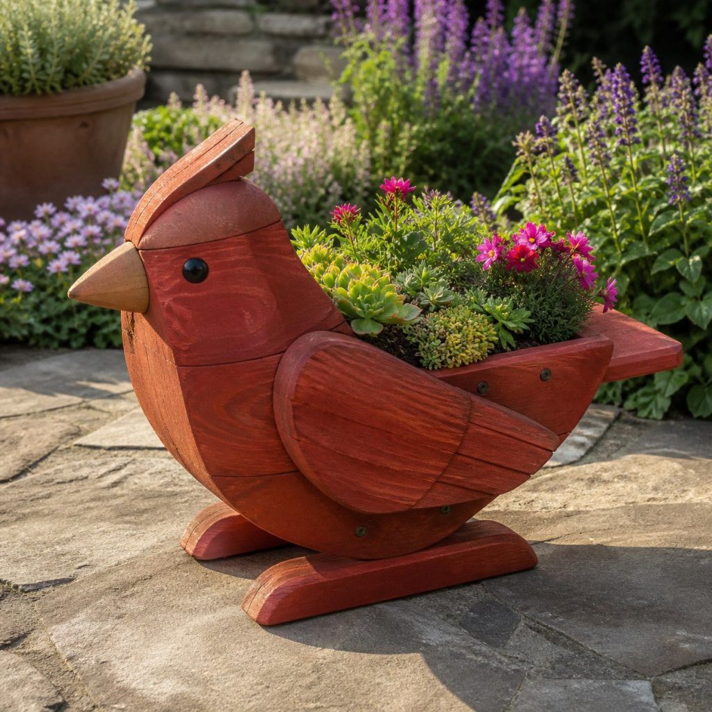 Compact Succulent Cardinal shown as a square photorealistic cedar cardinal-shaped garden planter filled with flowers