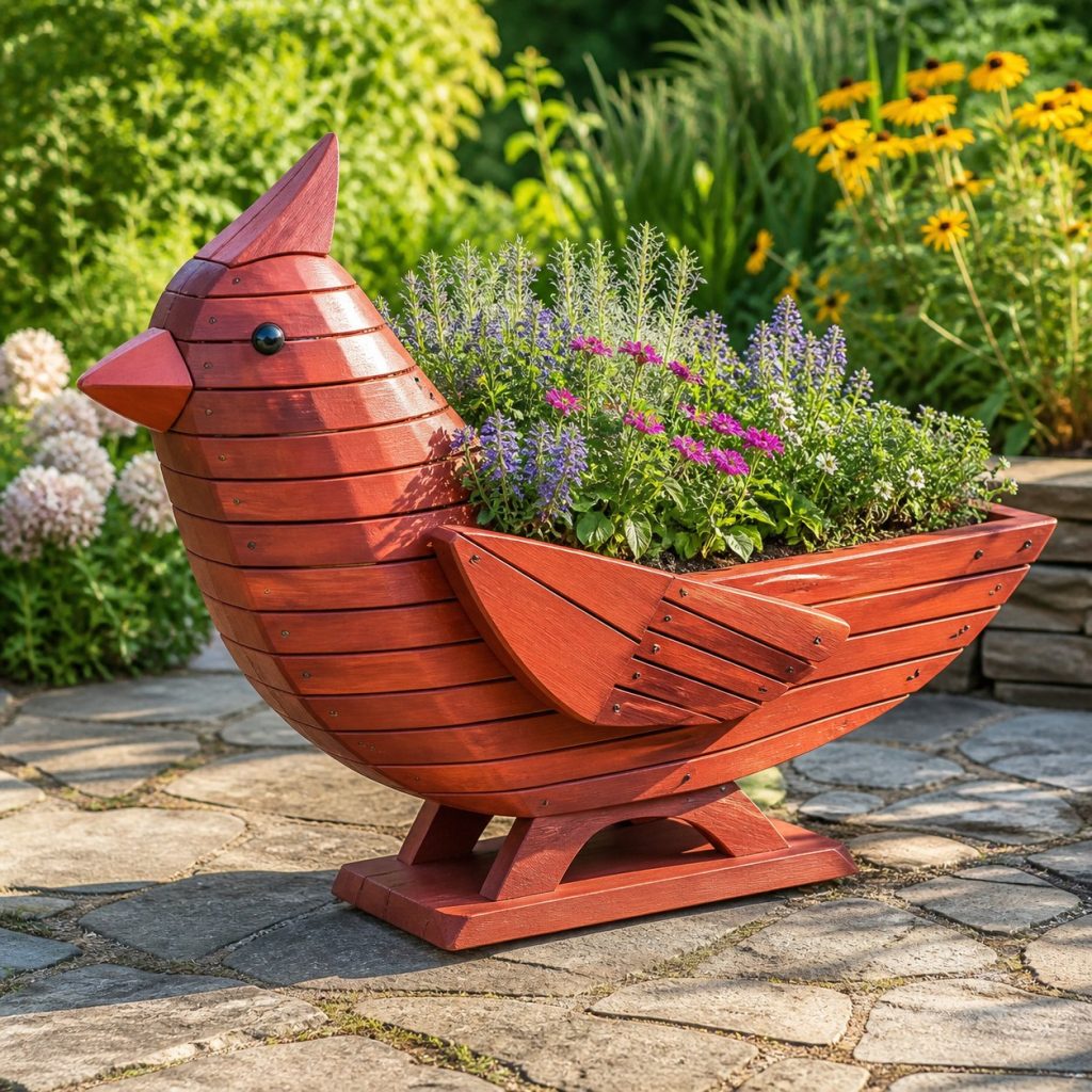 Slatted Herb-Trough Cardinal shown as a square photorealistic cedar cardinal-shaped garden planter filled with flowers