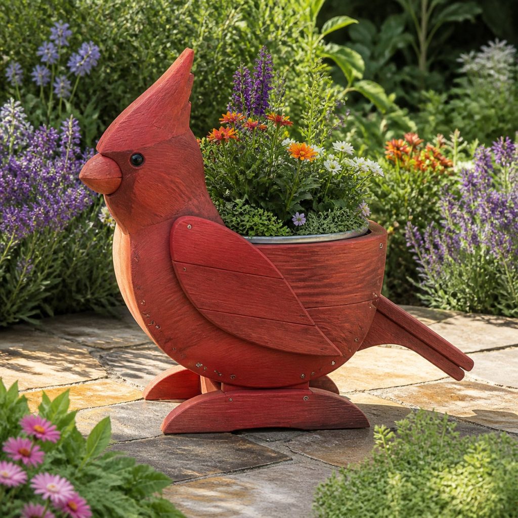 Cardinal with Galvanized Liner shown as a square photorealistic cedar cardinal-shaped garden planter filled with flowers