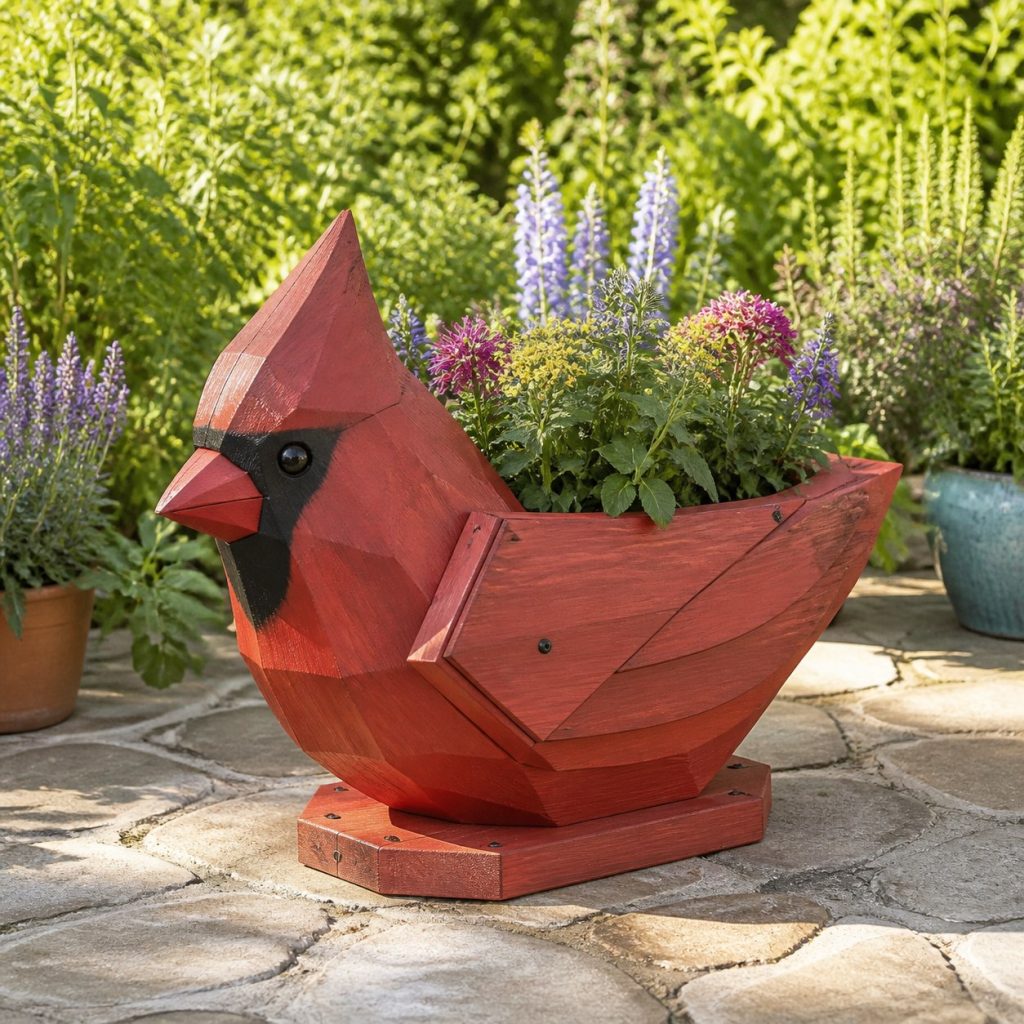 Modern Geometric Cardinal shown as a square photorealistic cedar cardinal-shaped garden planter filled with flowers