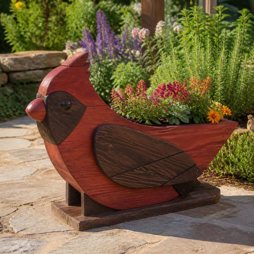 Two-Tone Cedar Cardinal shown as a square photorealistic cedar cardinal-shaped garden planter filled with flowers