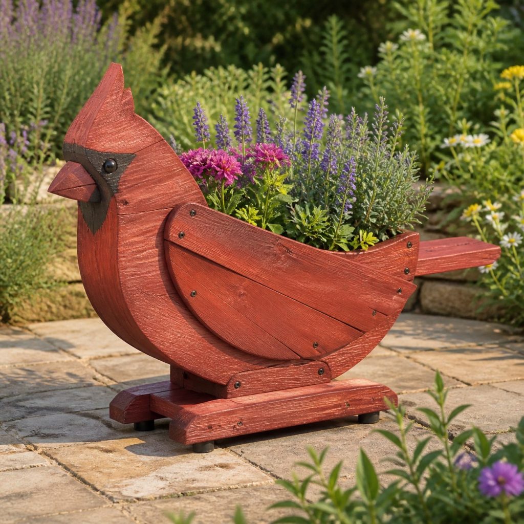 Weathered Cottage Cardinal shown as a square photorealistic cedar cardinal-shaped garden planter filled with flowers