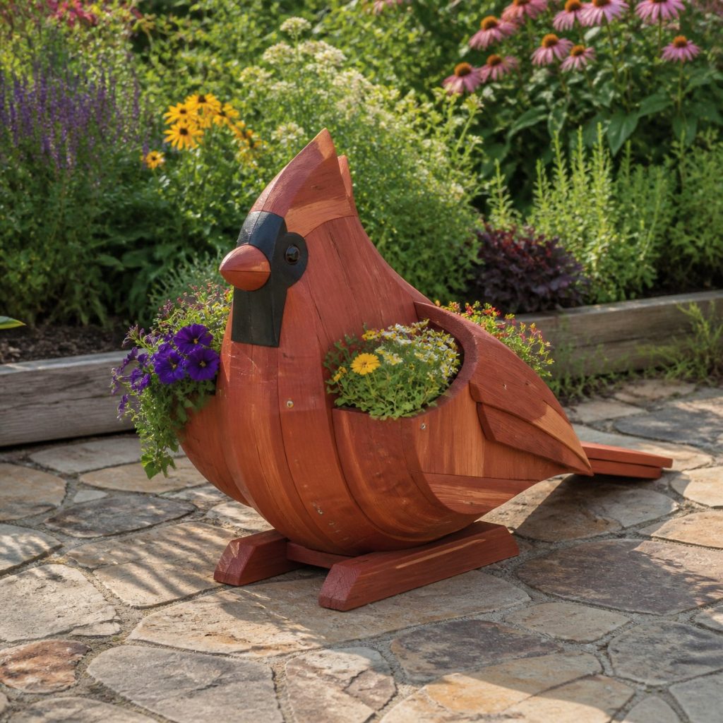 Cardinal with Twin Flower Pots shown as a square photorealistic cedar cardinal-shaped garden planter filled with flowers