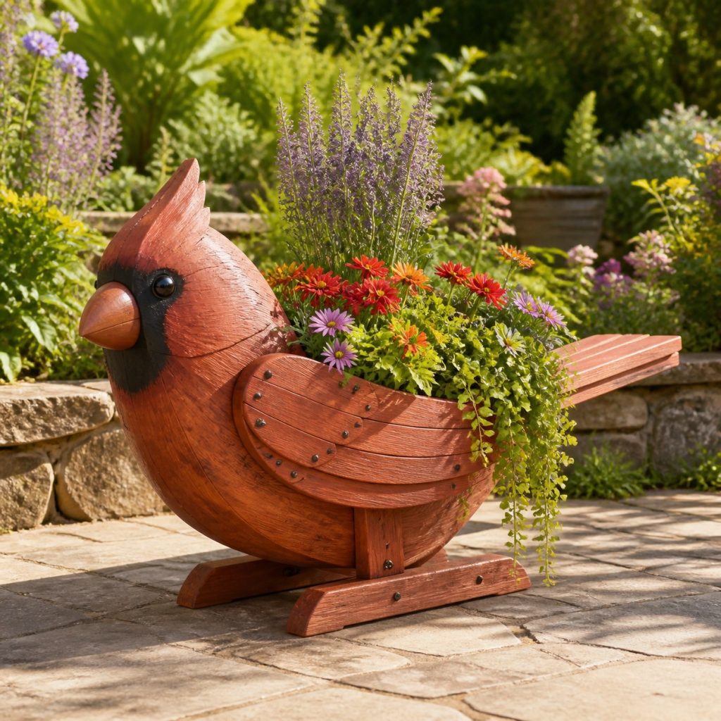 Trailing-Flower Cardinal shown as a square photorealistic cedar cardinal-shaped garden planter filled with flowers