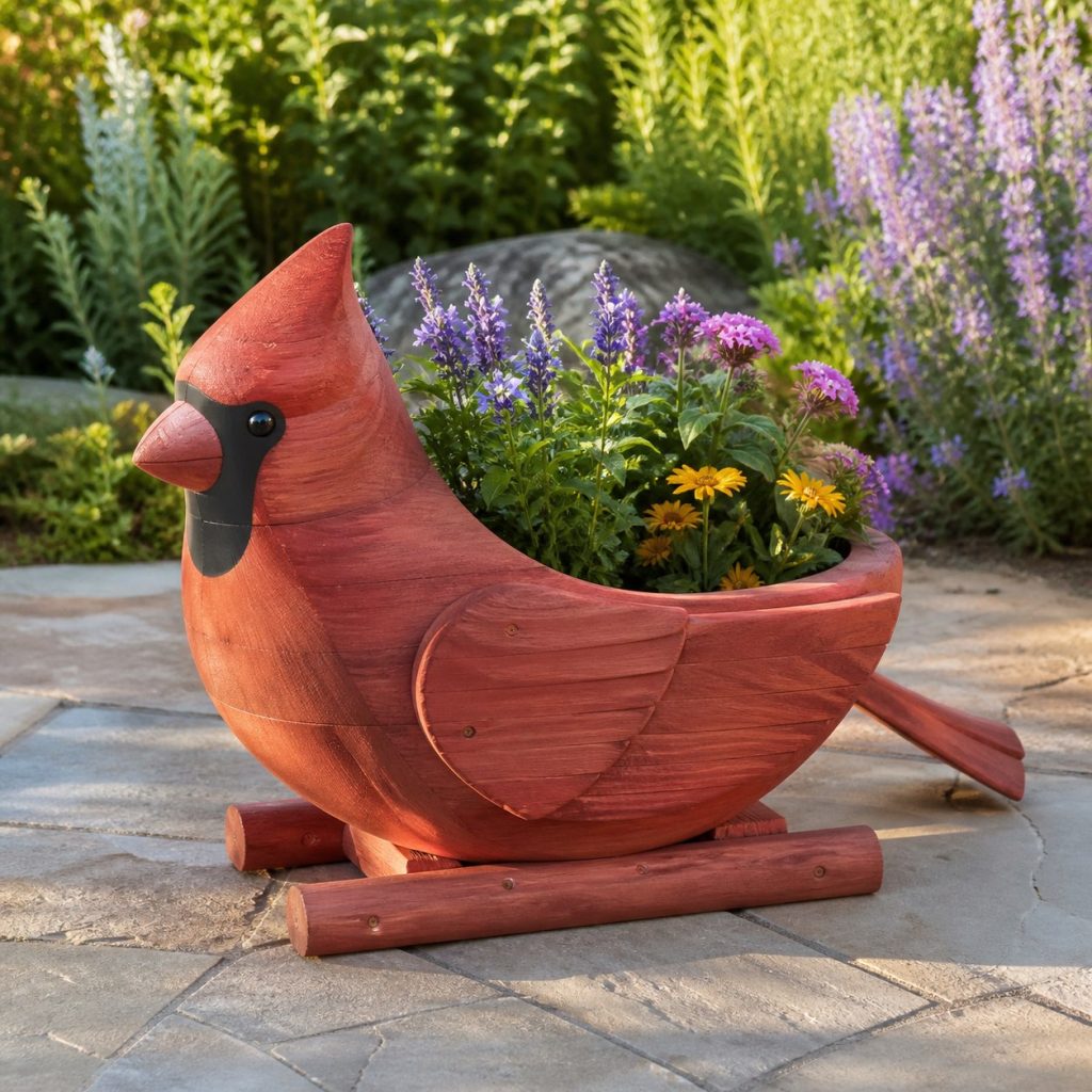 Large Grass-Filled Cardinal shown as a square photorealistic cedar cardinal-shaped garden planter filled with flowers