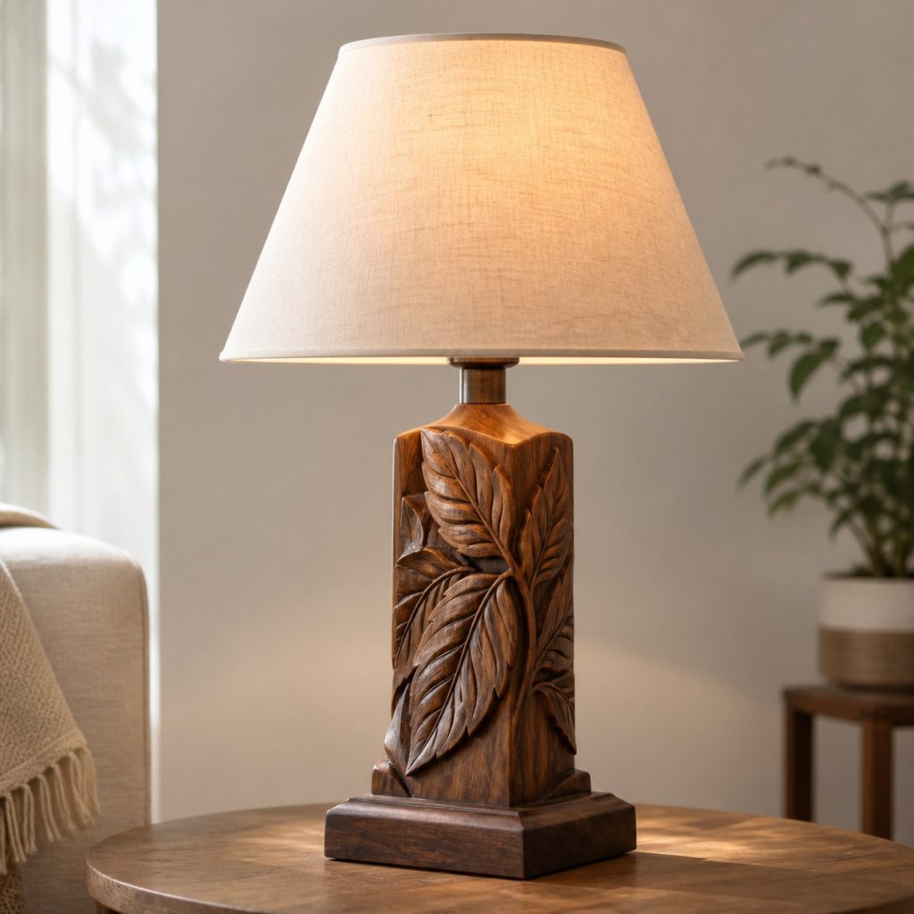 Walnut Leaf-Relief Lamp shown as an original square photorealistic carved wood lamp with real wood grain, warm LED light, and physically plausible support