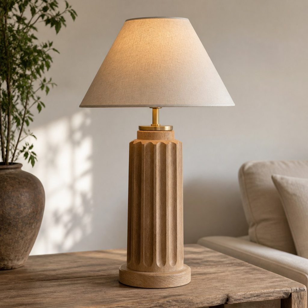 White-Oak Fluted-Column Lamp shown as an original square photorealistic carved wood lamp with real wood grain, warm LED light, and physically plausible support