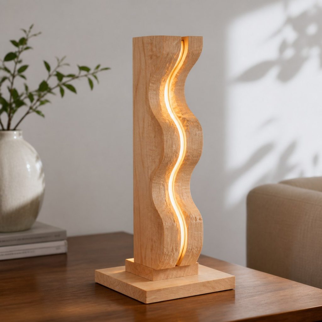 Maple Wave-Carved Accent Lamp shown as an original square photorealistic carved wood lamp with real wood grain, warm LED light, and physically plausible support