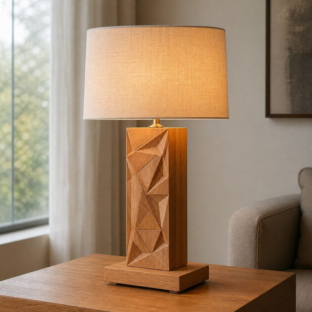 Cherry Chip-Carved Block Lamp shown as an original square photorealistic carved wood lamp with real wood grain, warm LED light, and physically plausible support