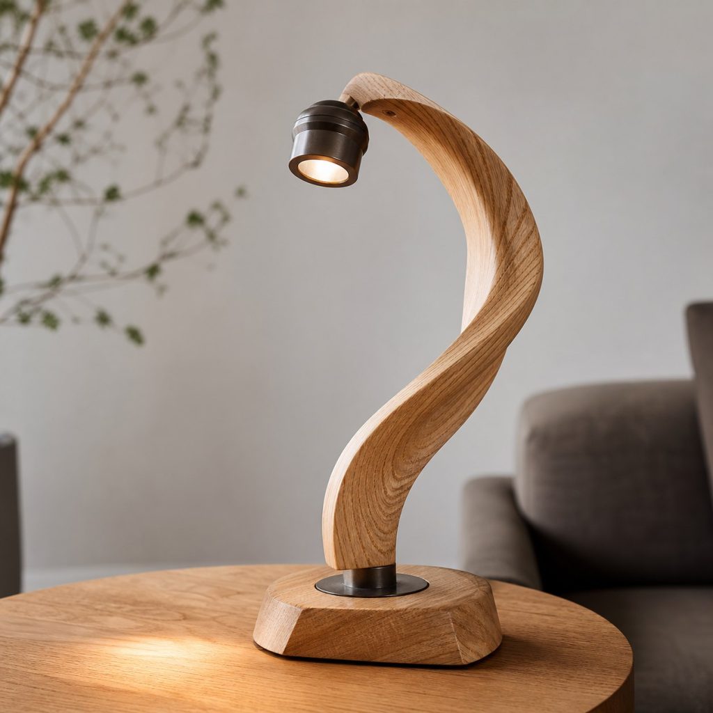 Ash Sculpted-Spiral Lamp shown as an original square photorealistic carved wood lamp with real wood grain, warm LED light, and physically plausible support