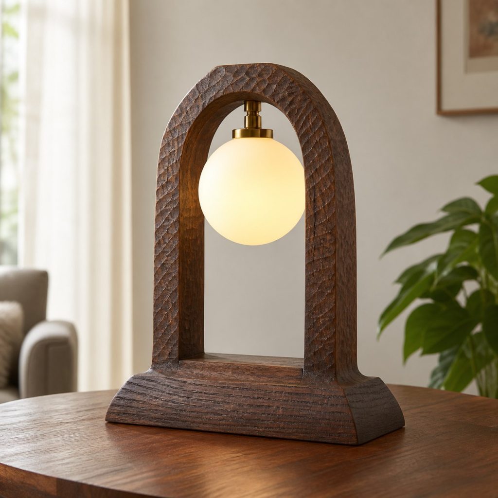 Dark-Oak Carved-Arch Globe Lamp shown as an original square photorealistic carved wood lamp with real wood grain, warm LED light, and physically plausible support