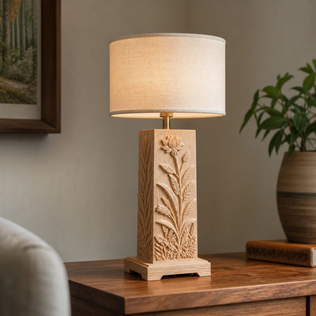 Botanical-Relief Bedside Lamp shown as an original square photorealistic carved wood lamp with real wood grain, warm LED light, and physically plausible support