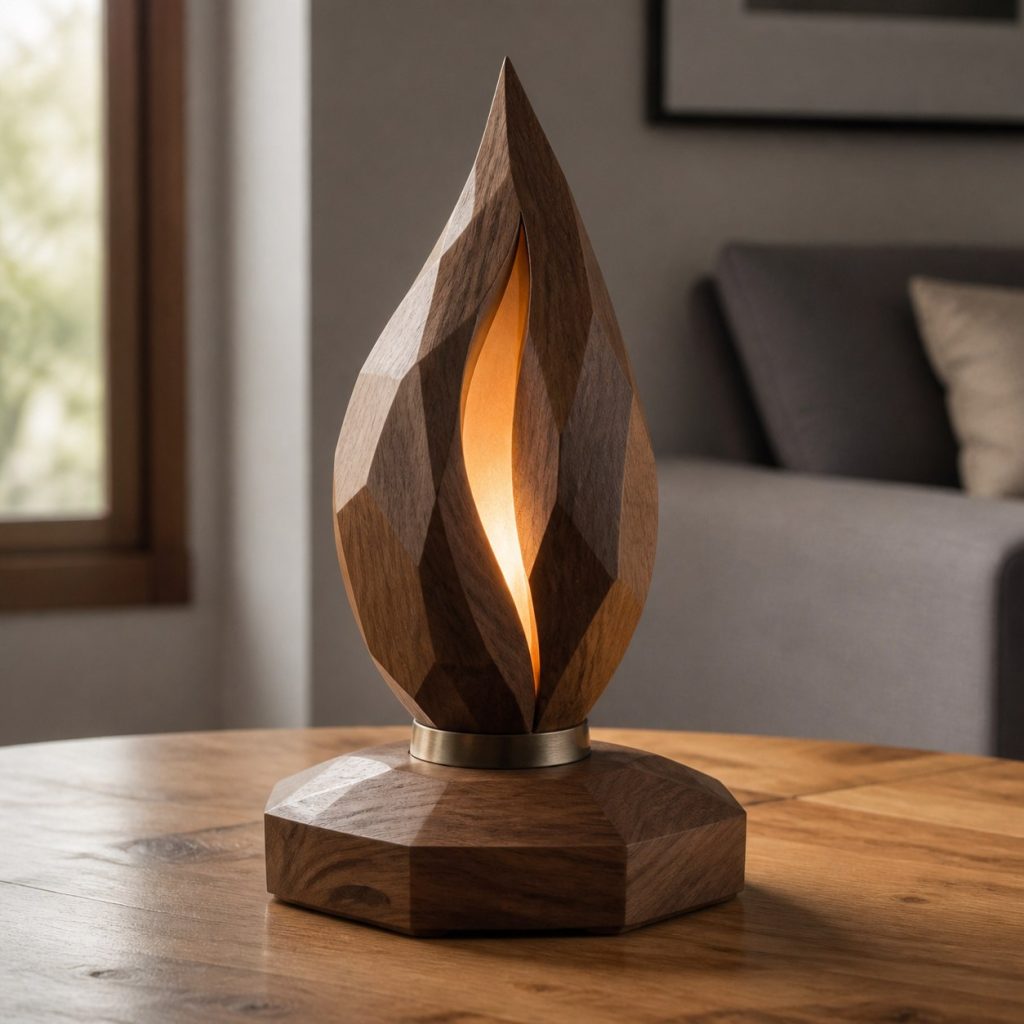 Walnut Faceted-Flame LED Lamp shown as an original square photorealistic carved wood lamp with real wood grain, warm LED light, and physically plausible support