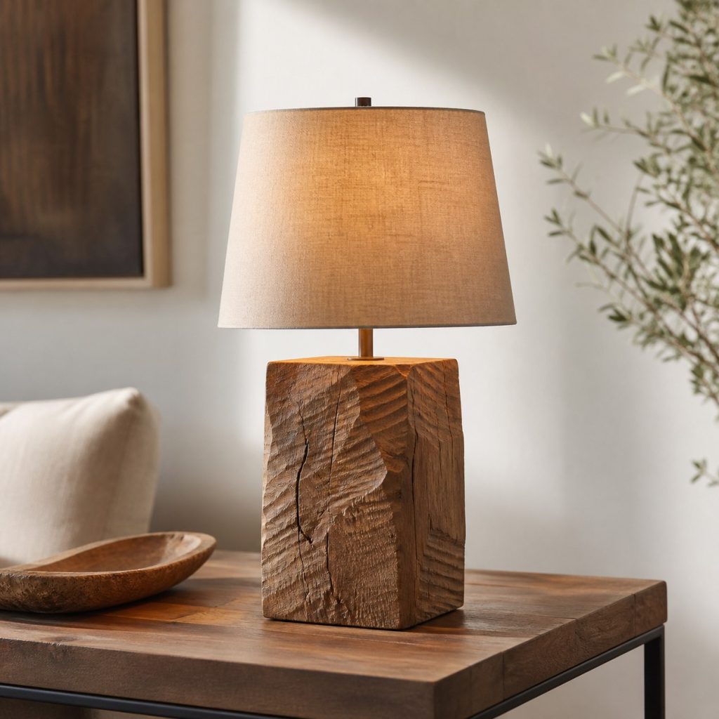 Carved Reclaimed-Elm Block Lamp shown as an original square photorealistic carved wood lamp with real wood grain, warm LED light, and physically plausible support