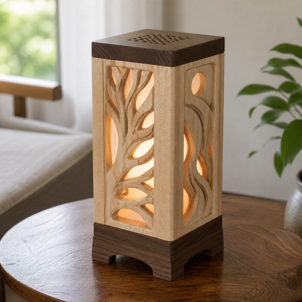 Two-Tone Pierced-Panel Lantern shown as an original square photorealistic carved wood lamp with real wood grain, warm LED light, and physically plausible support