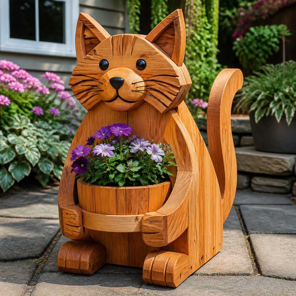 Compact Kitten Flower Pot shown as a square photorealistic cedar garden planter filled with cottage flowers