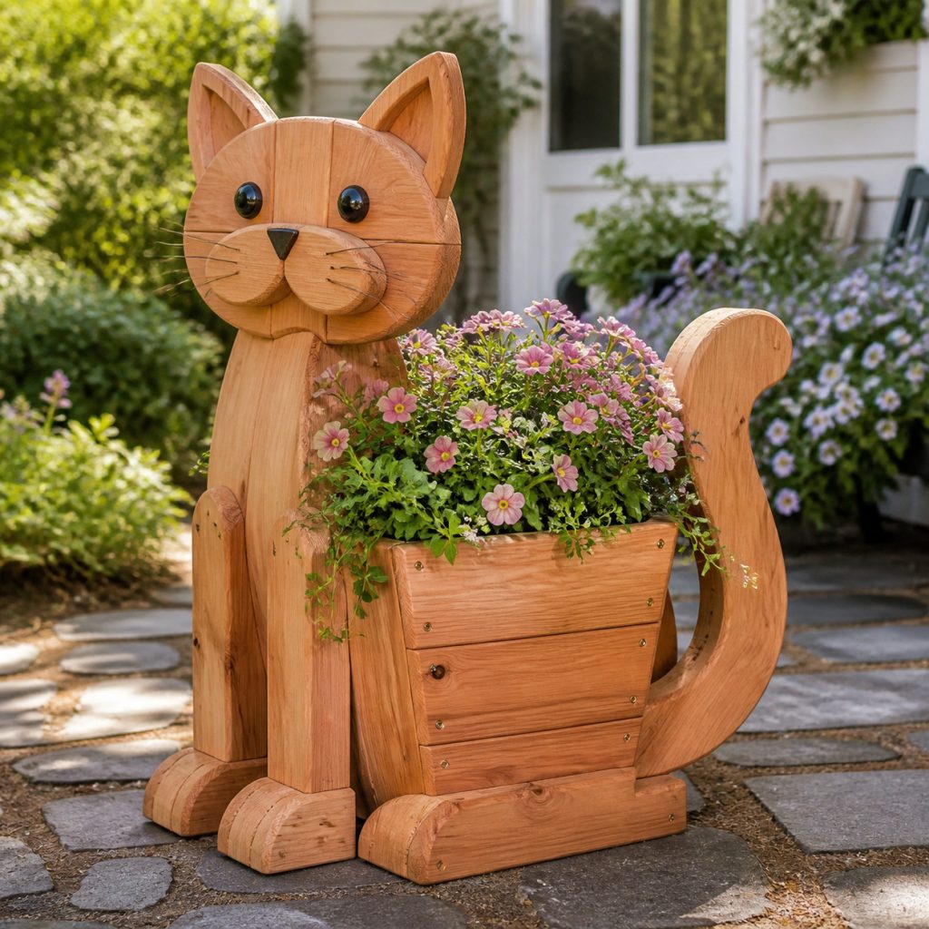 Seated Cat Pot Holder shown as a square photorealistic cedar garden planter filled with cottage flowers