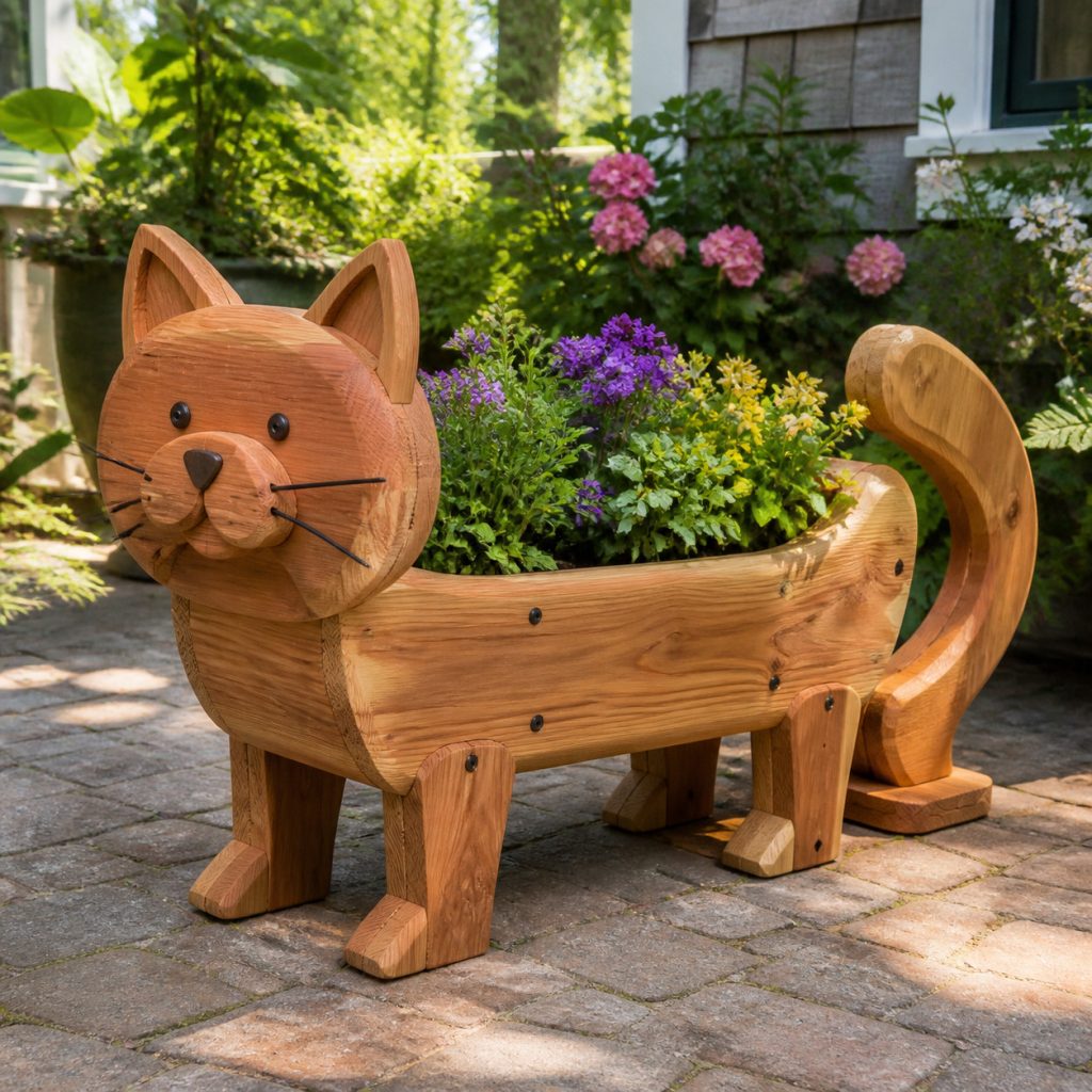 Long Cat Garden Trough shown as a square photorealistic cedar garden planter filled with cottage flowers