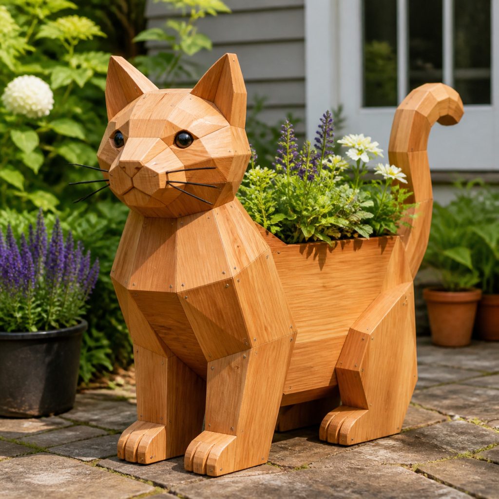 Modern Geometric Cat shown as a square photorealistic cedar garden planter filled with cottage flowers