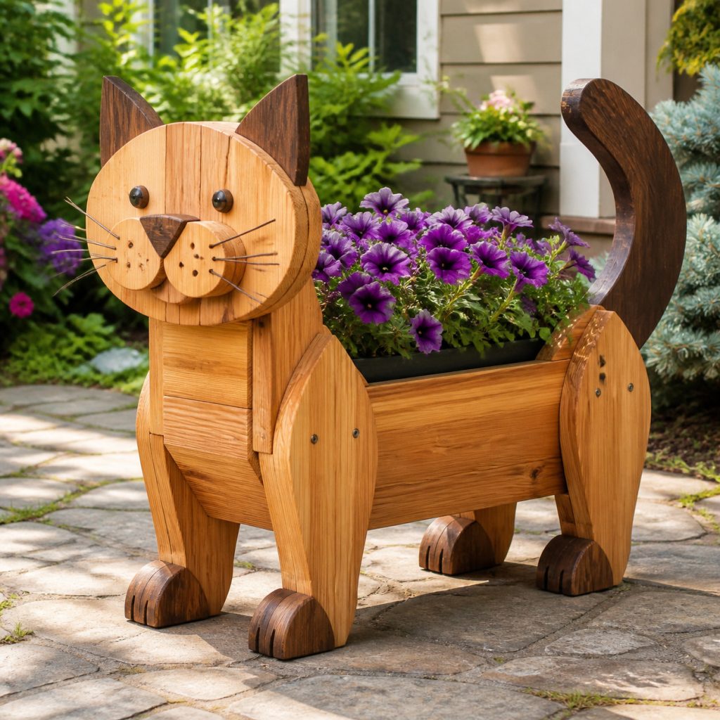 Two-Tone Cedar Cat shown as a square photorealistic cedar garden planter filled with cottage flowers