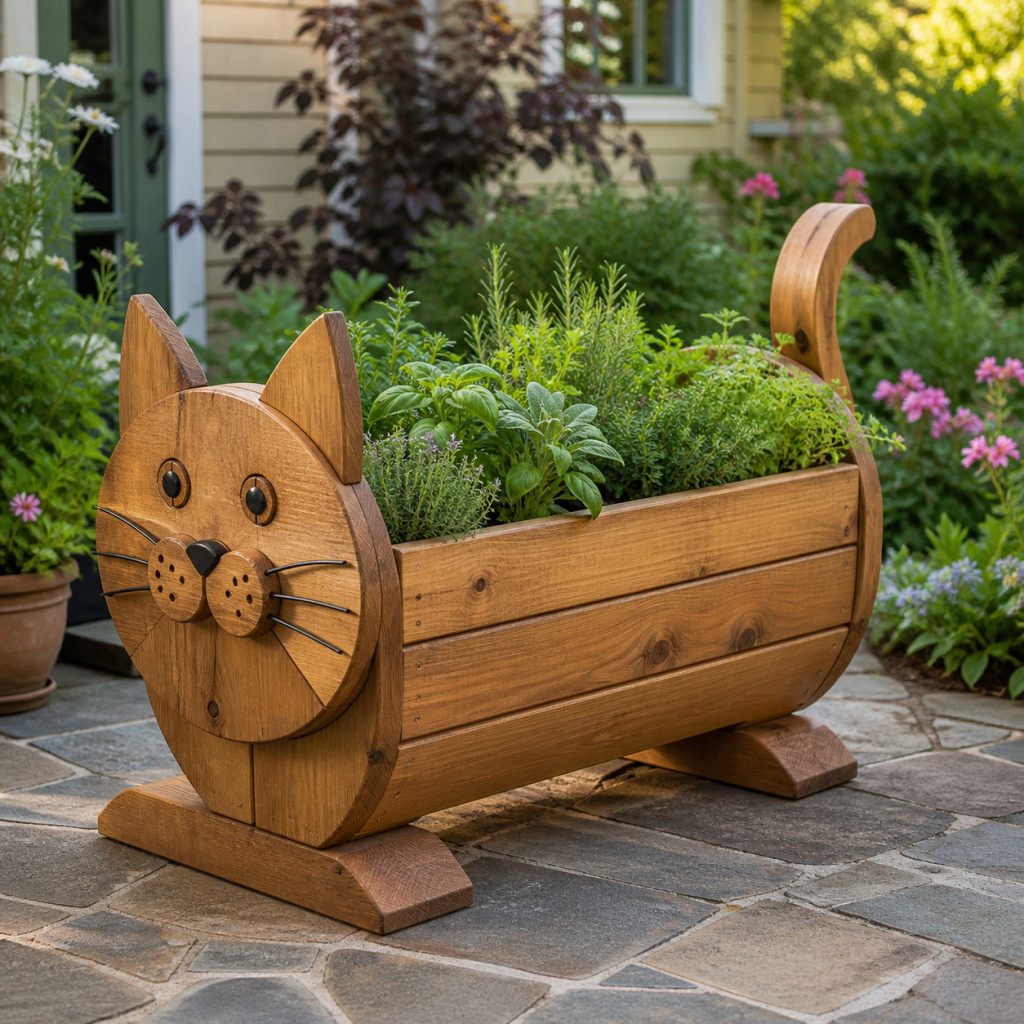 Low Herb-Planter Cat shown as a square photorealistic cedar garden planter filled with cottage flowers