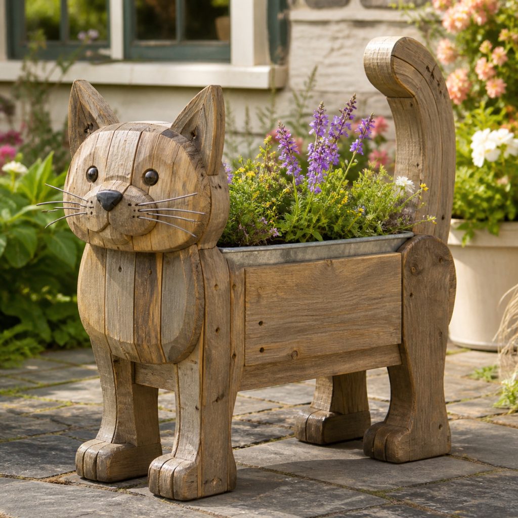 Weathered Cottage Cat shown as a square photorealistic cedar garden planter filled with cottage flowers