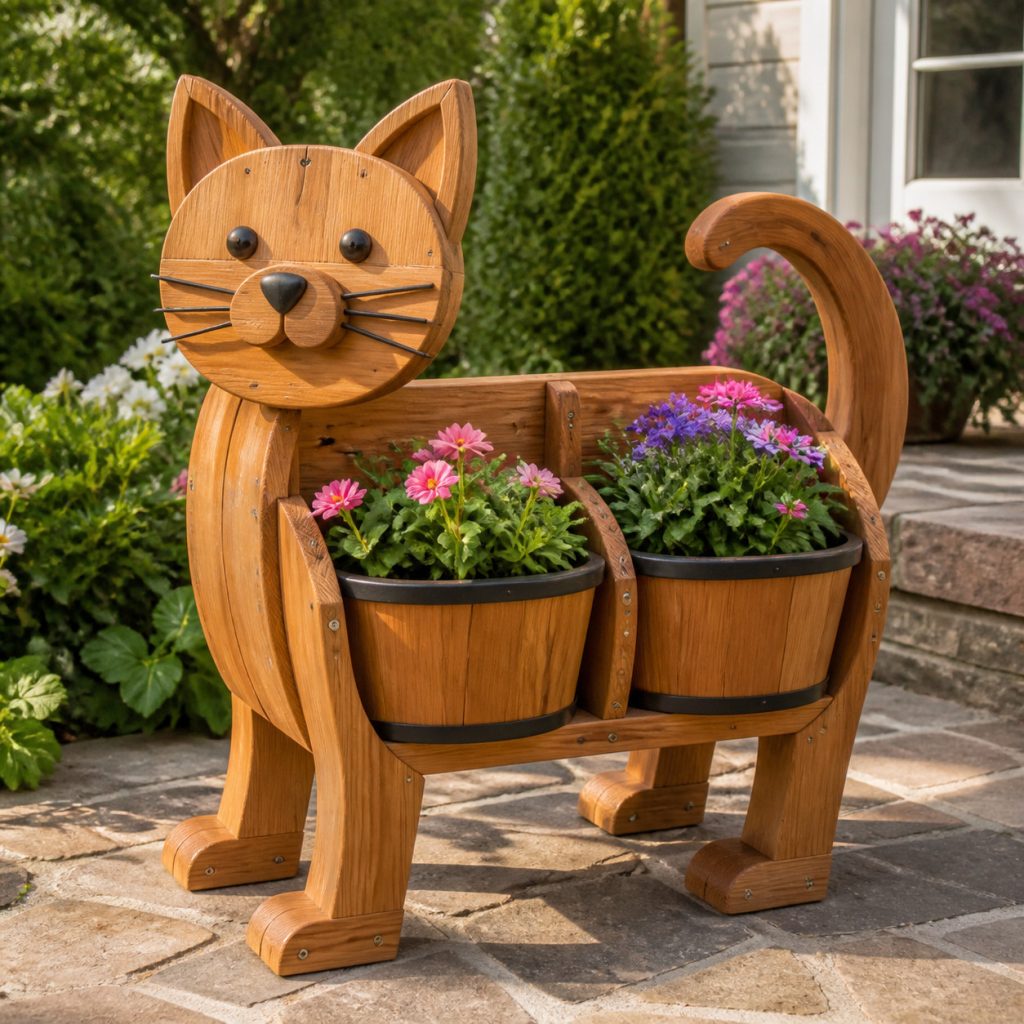 Cat with Twin Flower Pots shown as a square photorealistic cedar garden planter filled with cottage flowers
