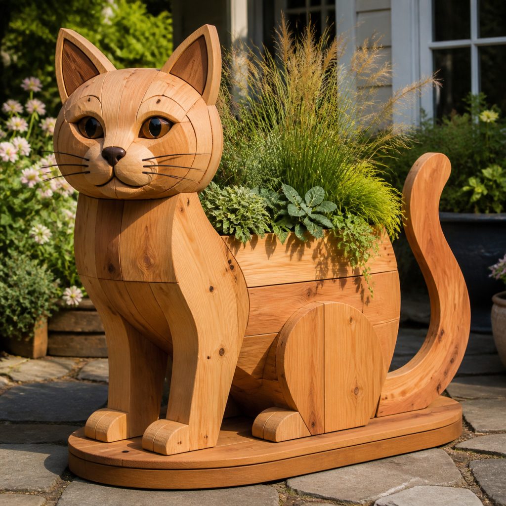 Broad-Base Garden Cat shown as a square photorealistic cedar garden planter filled with cottage flowers