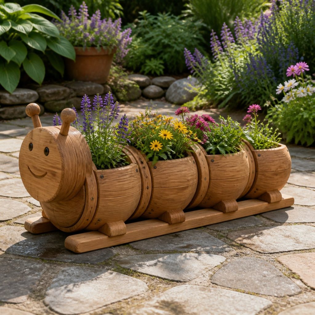 Classic Segmented Cedar Caterpillar shown as a square photorealistic cedar caterpillar-shaped garden planter filled with flowers