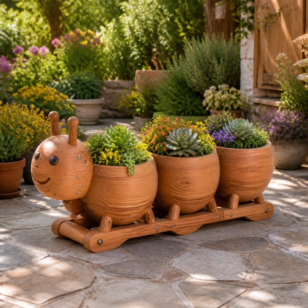 Compact Succulent Caterpillar shown as a square photorealistic cedar caterpillar-shaped garden planter filled with flowers