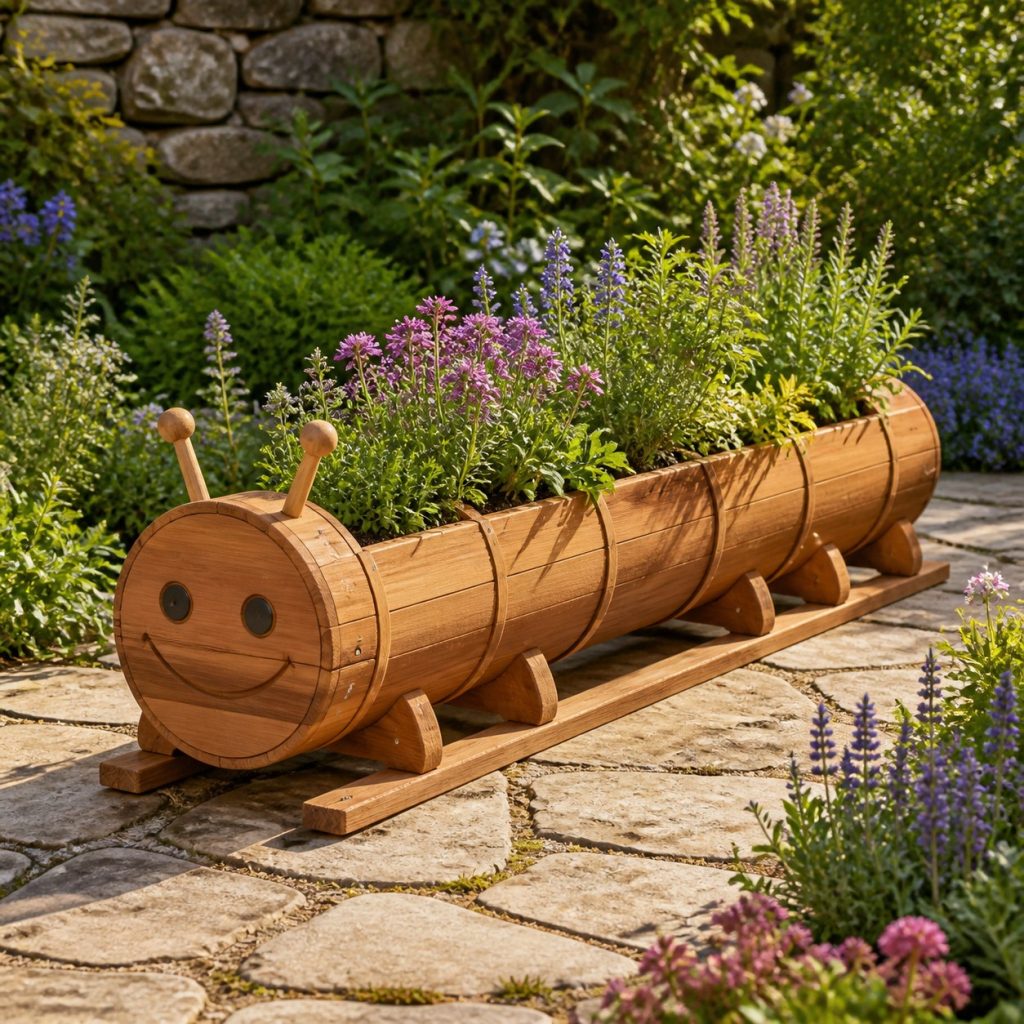 Slatted Herb-Trough Caterpillar shown as a square photorealistic cedar caterpillar-shaped garden planter filled with flowers