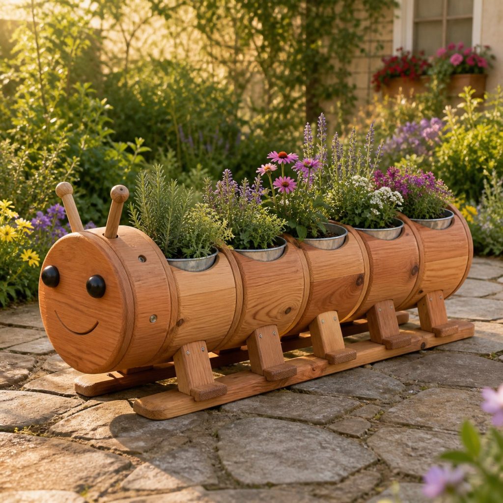 Caterpillar with Galvanized Liners shown as a square photorealistic cedar caterpillar-shaped garden planter filled with flowers