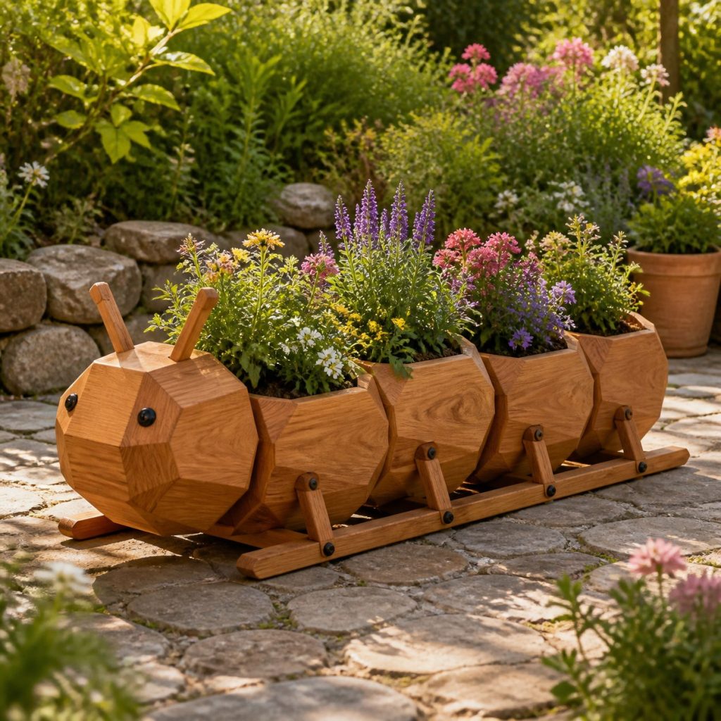Modern Geometric Caterpillar shown as a square photorealistic cedar caterpillar-shaped garden planter filled with flowers