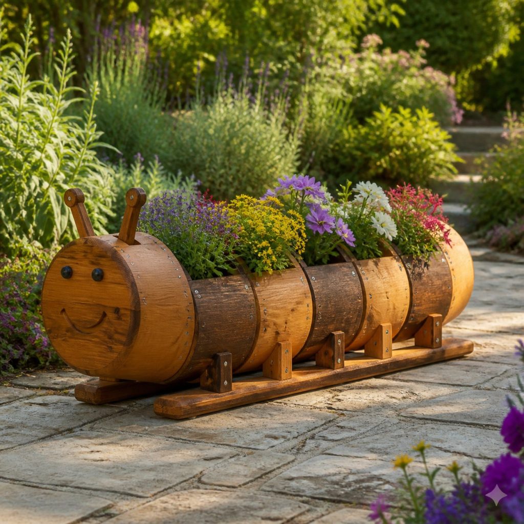 Two-Tone Cedar Caterpillar shown as a square photorealistic cedar caterpillar-shaped garden planter filled with flowers