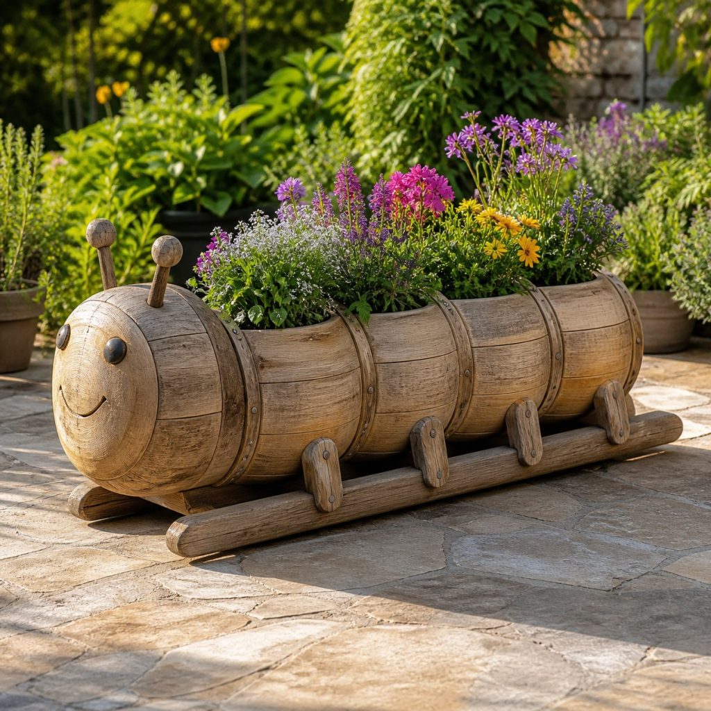 Weathered Cottage Caterpillar shown as a square photorealistic cedar caterpillar-shaped garden planter filled with flowers