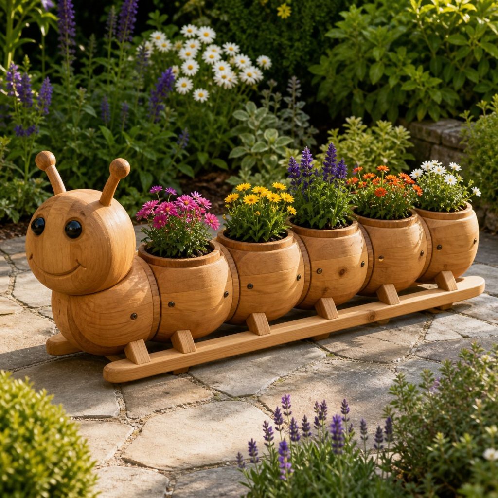 Five-Pot Caterpillar Planter shown as a square photorealistic cedar caterpillar-shaped garden planter filled with flowers