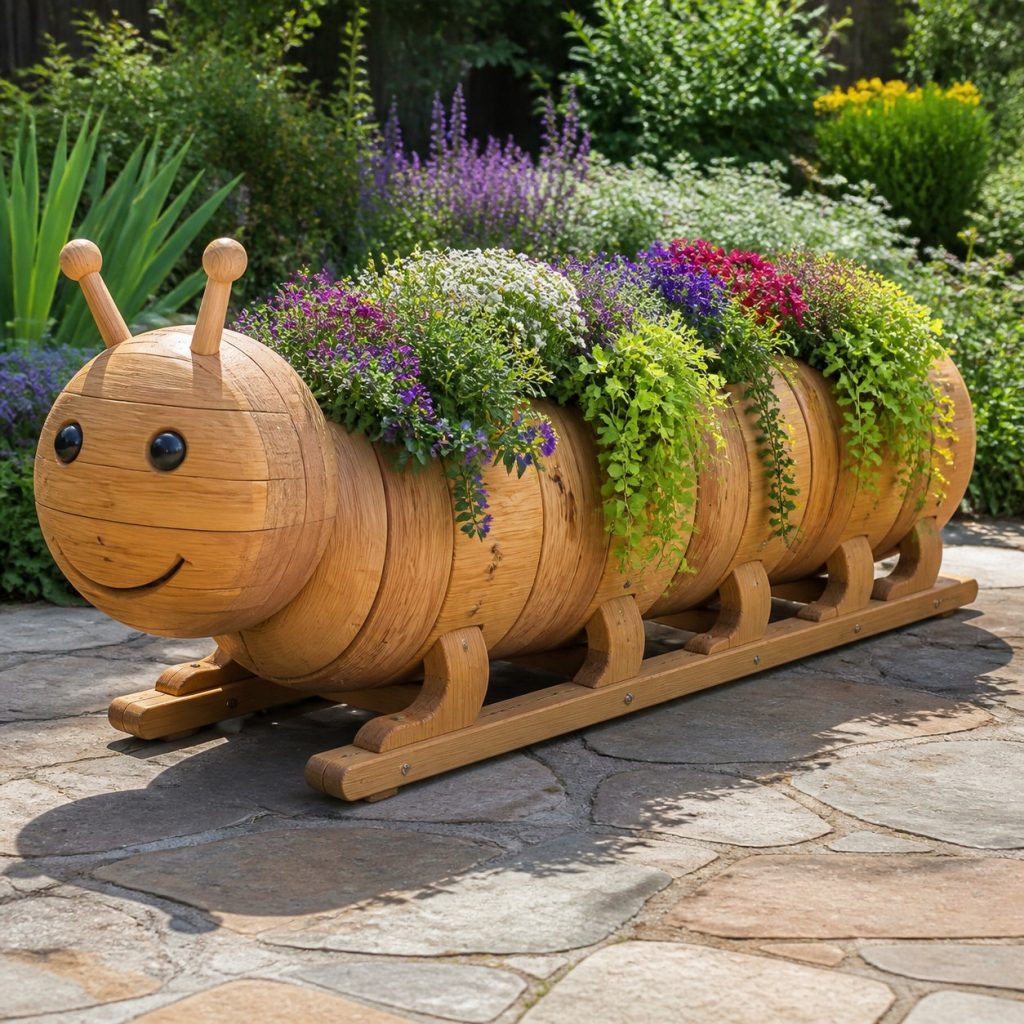 Trailing-Flower Caterpillar shown as a square photorealistic cedar caterpillar-shaped garden planter filled with flowers