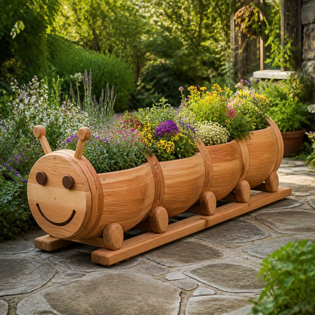 Large Grass-Filled Caterpillar shown as a square photorealistic cedar caterpillar-shaped garden planter filled with flowers