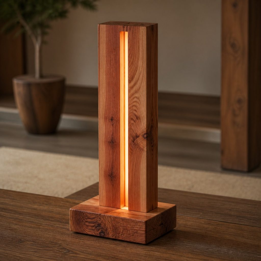 Cedar Post Light-Seam Lamp shown as an original square photorealistic solid cedar lamp dominated by real timber grain and warm diffused LED light
