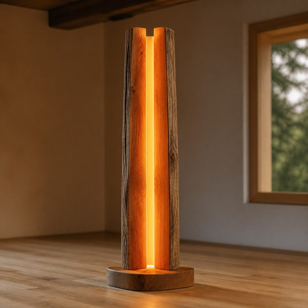 Western Red Cedar Split-Log Lamp shown as an original square photorealistic solid cedar lamp dominated by real timber grain and warm diffused LED light