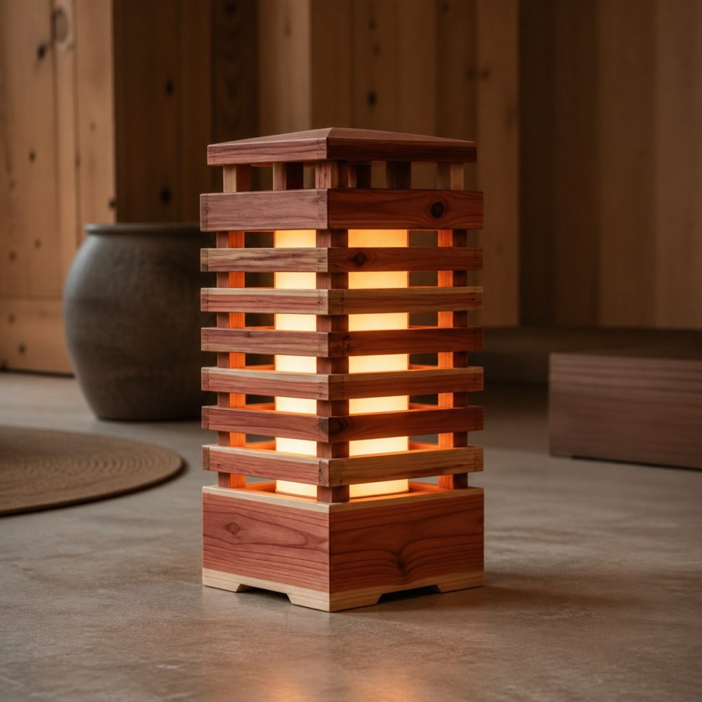 Cedar Slat Lantern shown as an original square photorealistic solid cedar lamp dominated by real timber grain and warm diffused LED light