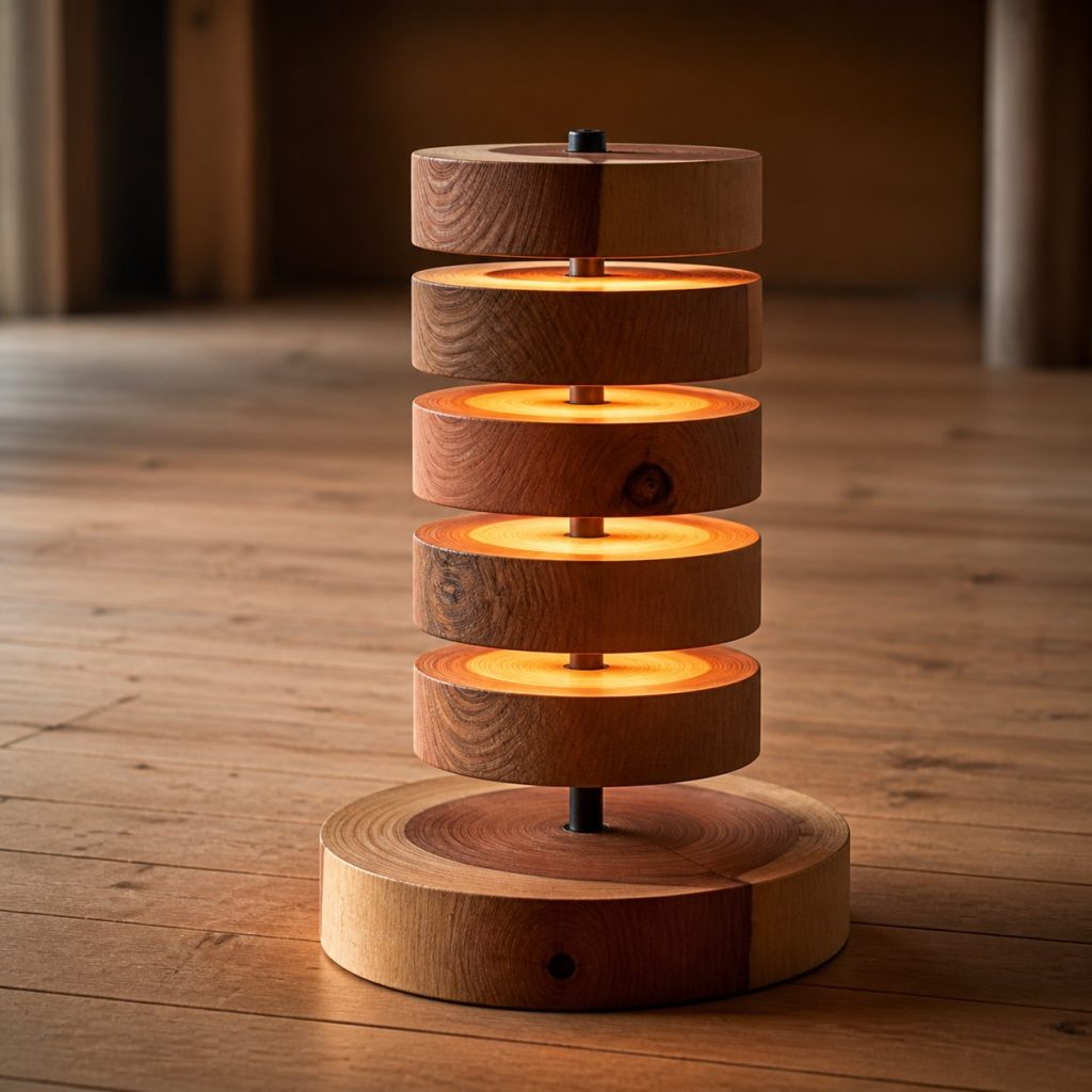 Stacked Cedar End-Grain Lamp shown as an original square photorealistic solid cedar lamp dominated by real timber grain and warm diffused LED light