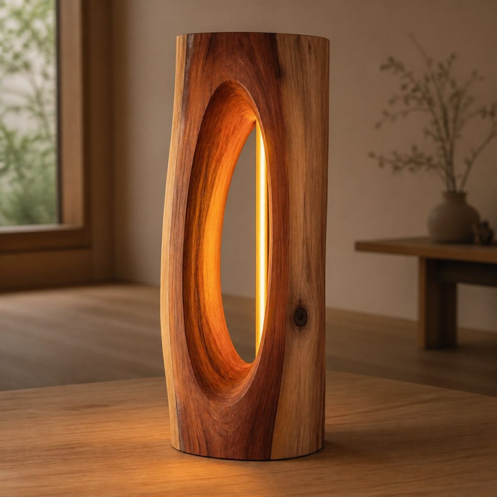 Cedar Hollow-Trunk Accent Lamp shown as an original square photorealistic solid cedar lamp dominated by real timber grain and warm diffused LED light