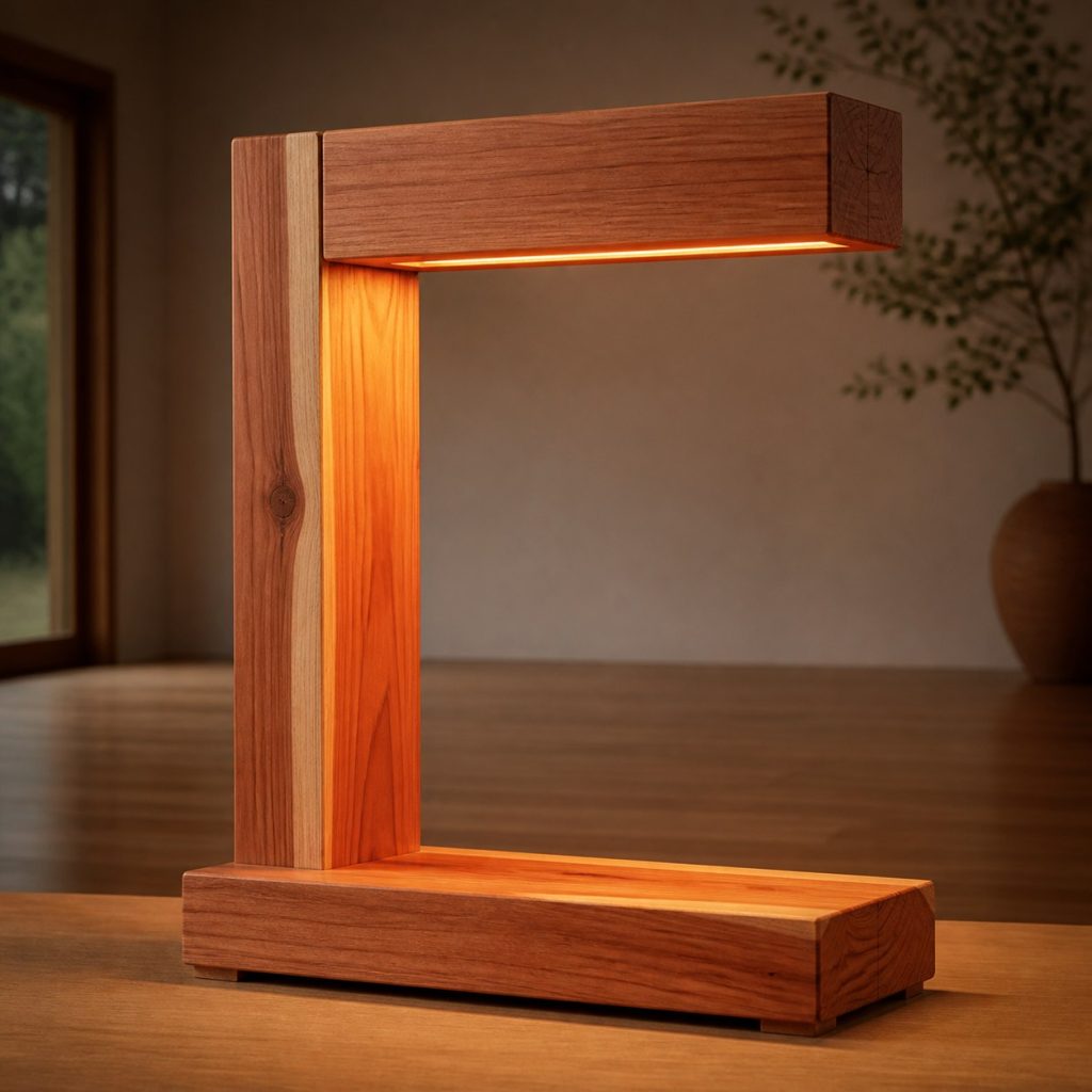 Cedar Beam C-Frame Lamp shown as an original square photorealistic solid cedar lamp dominated by real timber grain and warm diffused LED light