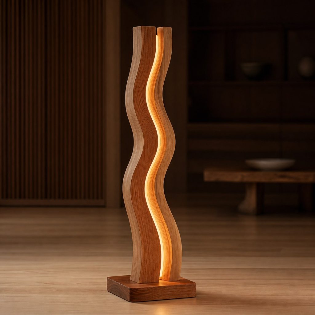 Sculpted Cedar Wave Floor Lamp shown as an original square photorealistic solid cedar lamp dominated by real timber grain and warm diffused LED light