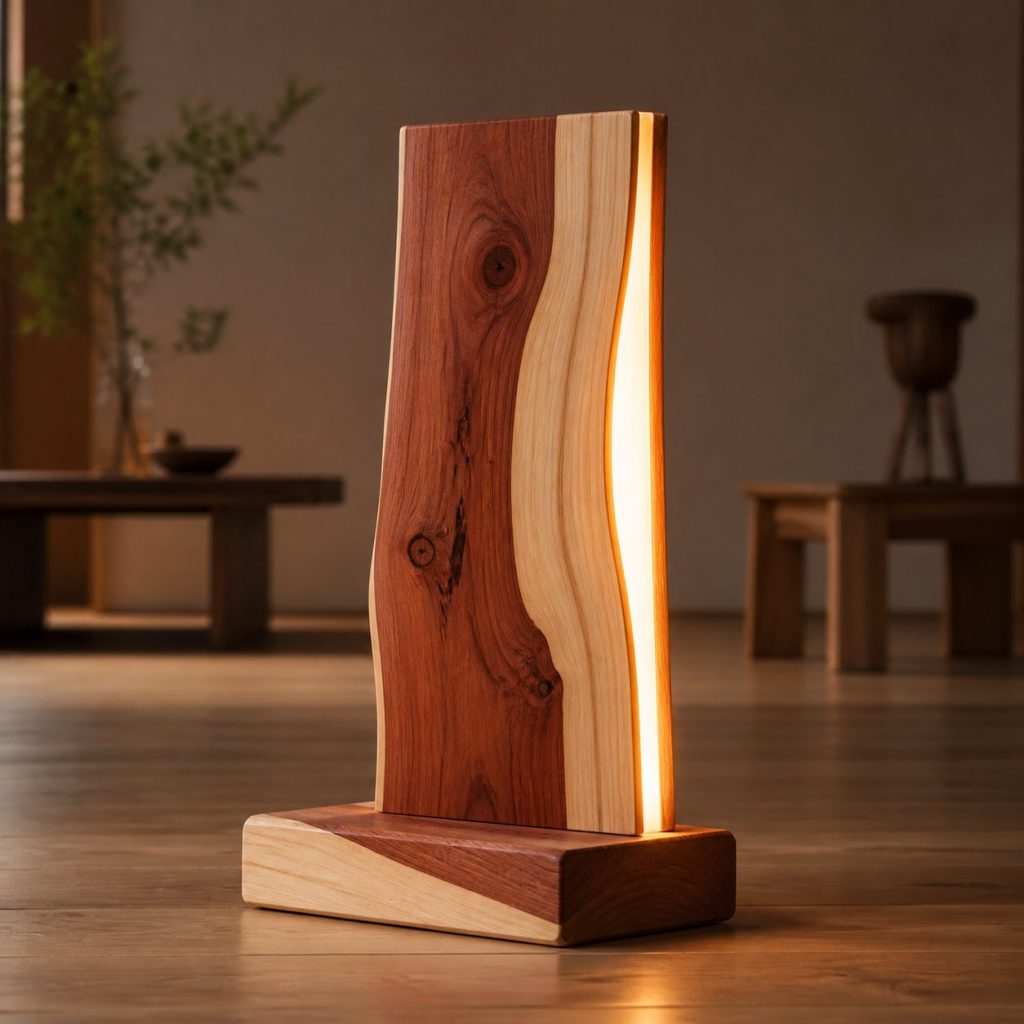 Cedar Heartwood-and-Sapwood Slab Lamp shown as an original square photorealistic solid cedar lamp dominated by real timber grain and warm diffused LED light