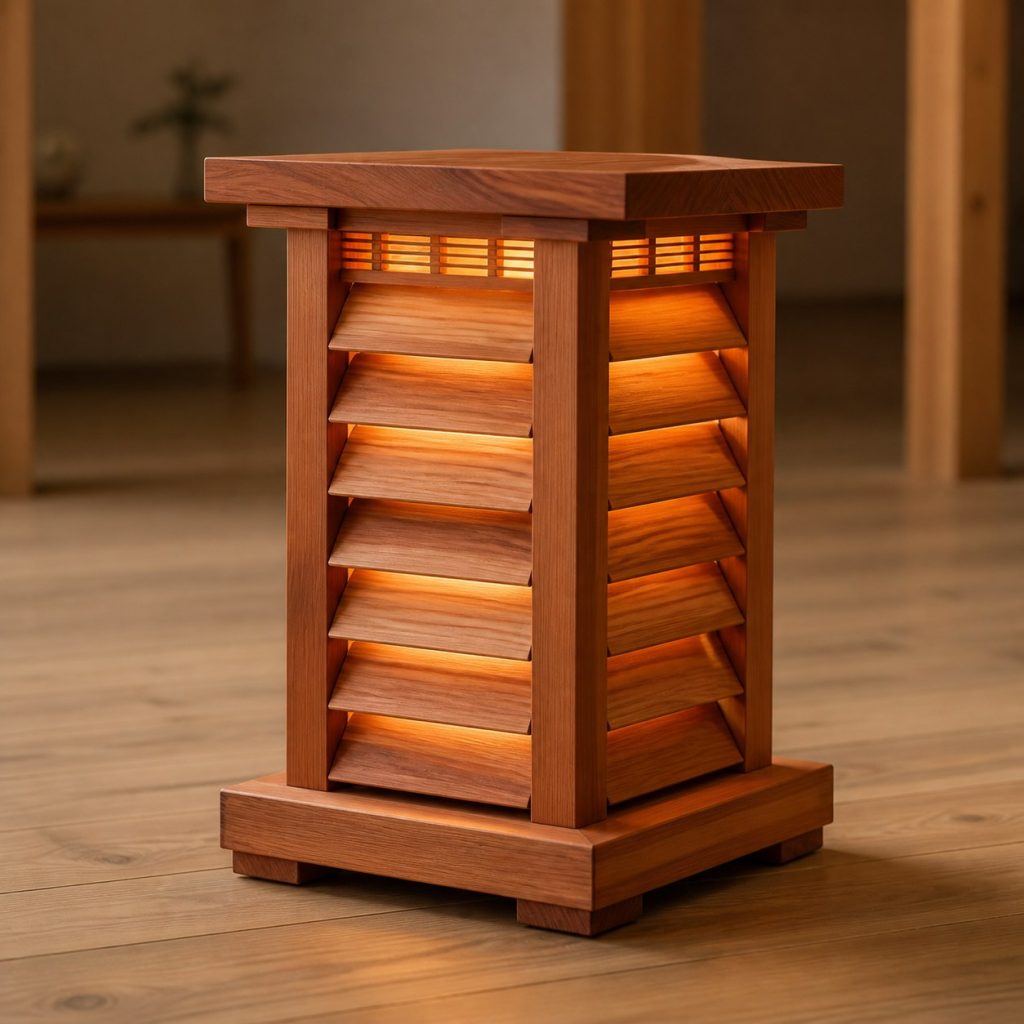 Layered Cedar Shingle Lantern shown as an original square photorealistic solid cedar lamp dominated by real timber grain and warm diffused LED light